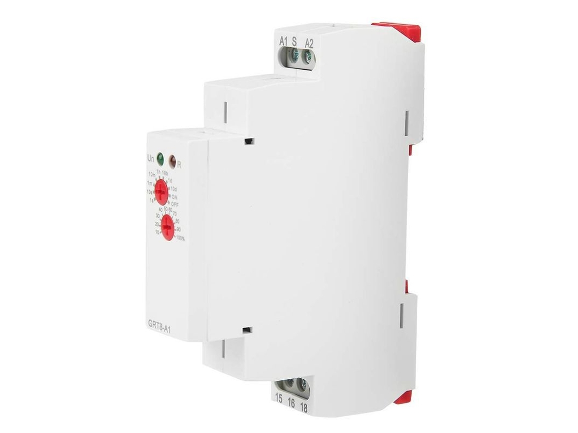 Relé Temporizador Multifuncional Grt8-a1 Con Ajuste Mediante Pulsador Y Rango De Retardo De 0,1 S A 10 Días Para Riel Din De 35 Mm.
