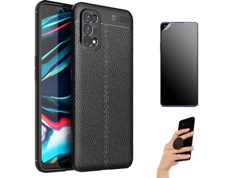 Kit Carcasa Y Protector Realme 7 Pro Ultimatte Rugged Leather Popsocket Negro