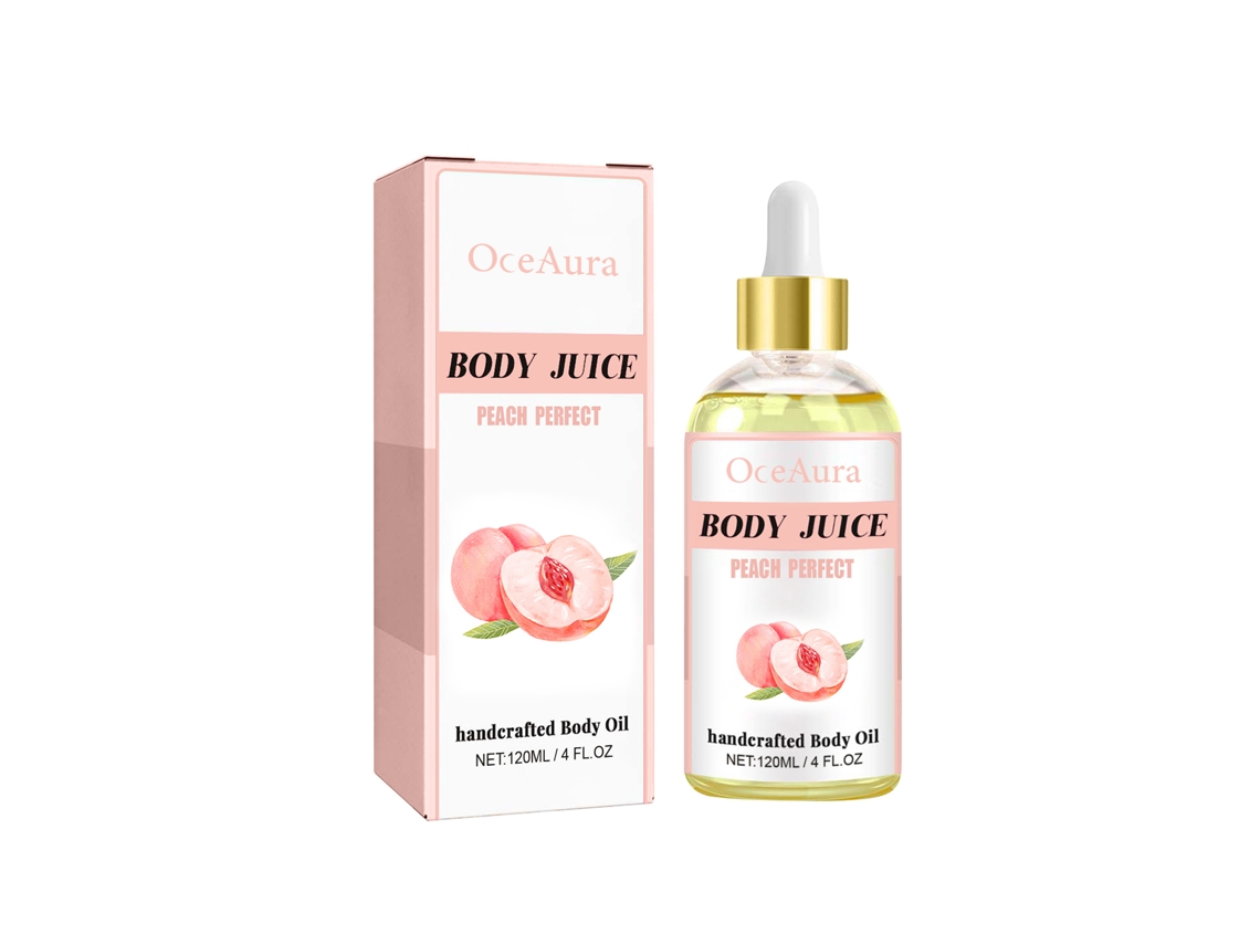 Aceite corporal hidratante artesanal con aceite esencial de melocotón para reafirmar, suavizar e hidratar la piel.