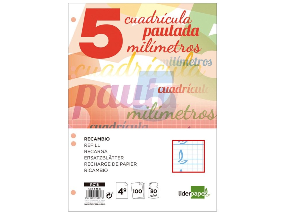 Recarga de Hojas LIDERPAPEL 75g/m² 4º, diretriz 5mm (4º)