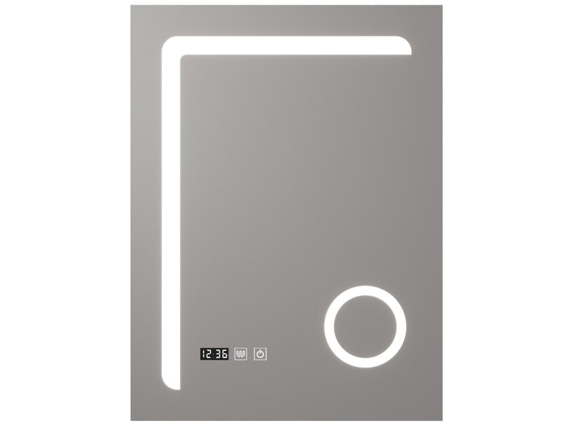 Espejo de pared con LED Chambave para baño IP65 antivaho reloj lupa 3X aluminio 80 x 60 x 3 cm Plateado PRO.TEC