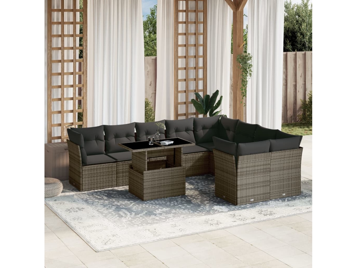 Conjunto de sofá de jardín de 10 piezas con cojines, ratán gris, DKD Home Decor