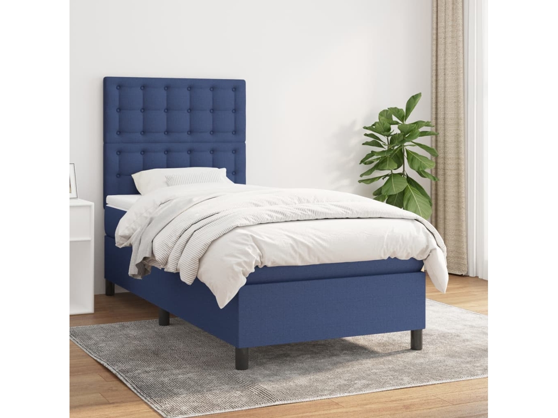 Cama Box Spring Con Colchón Tela Azul 100x200 Cm
