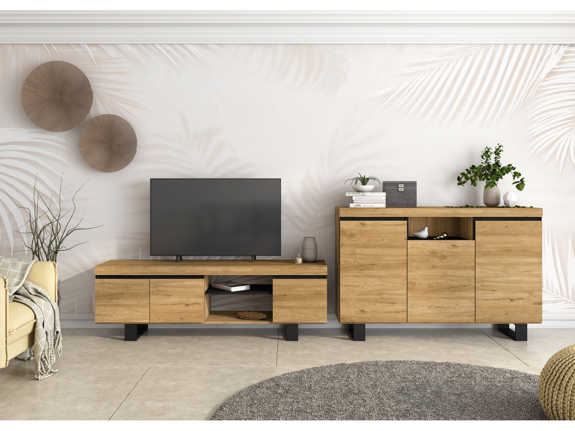 Conjunto De Muebles Naturale Con Patas, Buffet-mueble Tv 160cm Roble Negro Nórdico