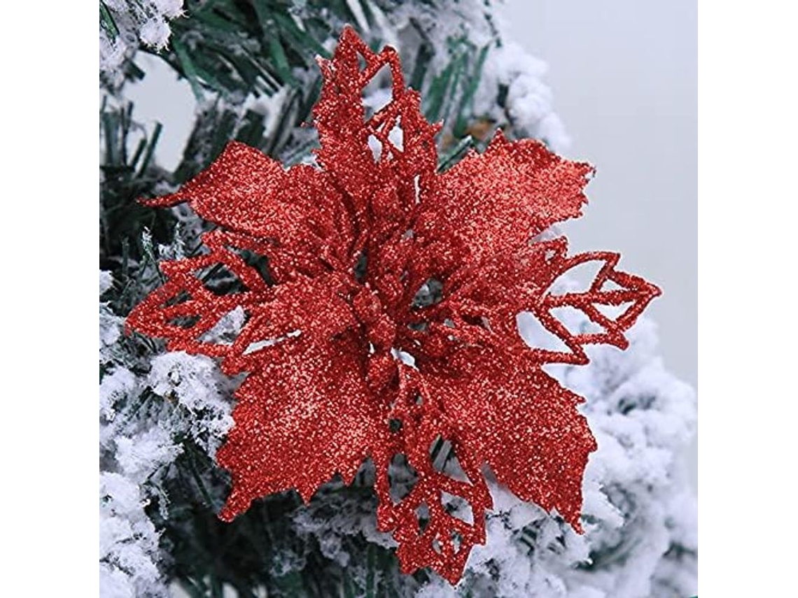 10 Flores De Nochebuena Grandes (15 Cm) Con Purpurina Para Decorar El Árbol De Navidad (rojas)