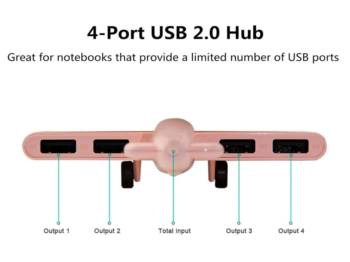 Hub USB multipuerto ligero y creativo con forma de avión para MacBook, Mac Pro y Mini, con 4 puertos USB 2.0, divisor rosa Bestvite
