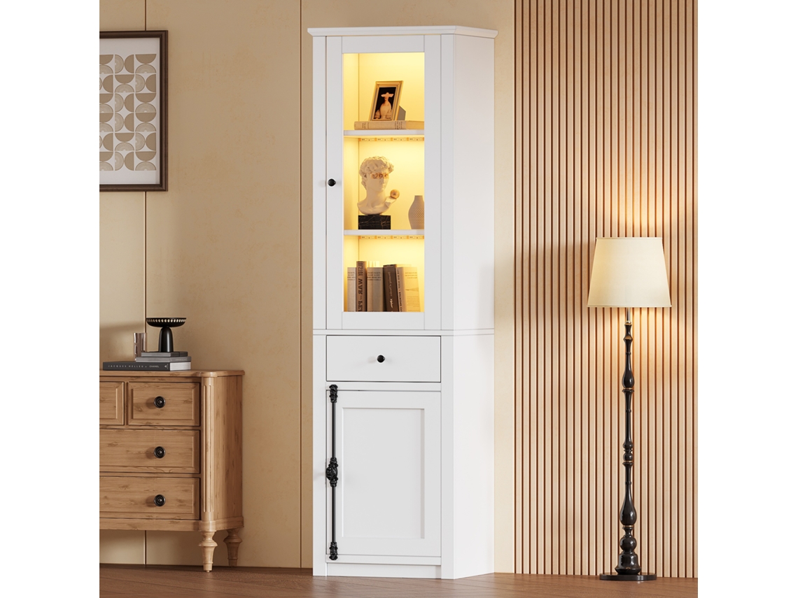 Vitrina De 55x40x200cm, 1 Cajón, 2 Puertas, Led, Color Blanco.