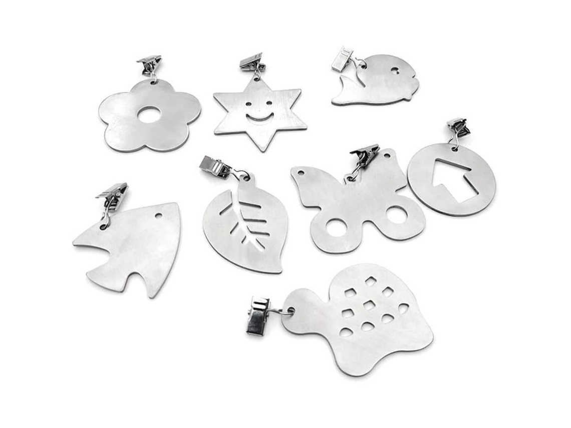 Pinzas de acero inoxidable ajustables y resistentes al peso, 8 unidades, diseños decorativos sin bordes afilados.