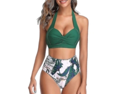 2026-traje De Baño Clásico Para Mujer Dos Piezas Con Cuello Halter Y Estampado Retro Ajustable