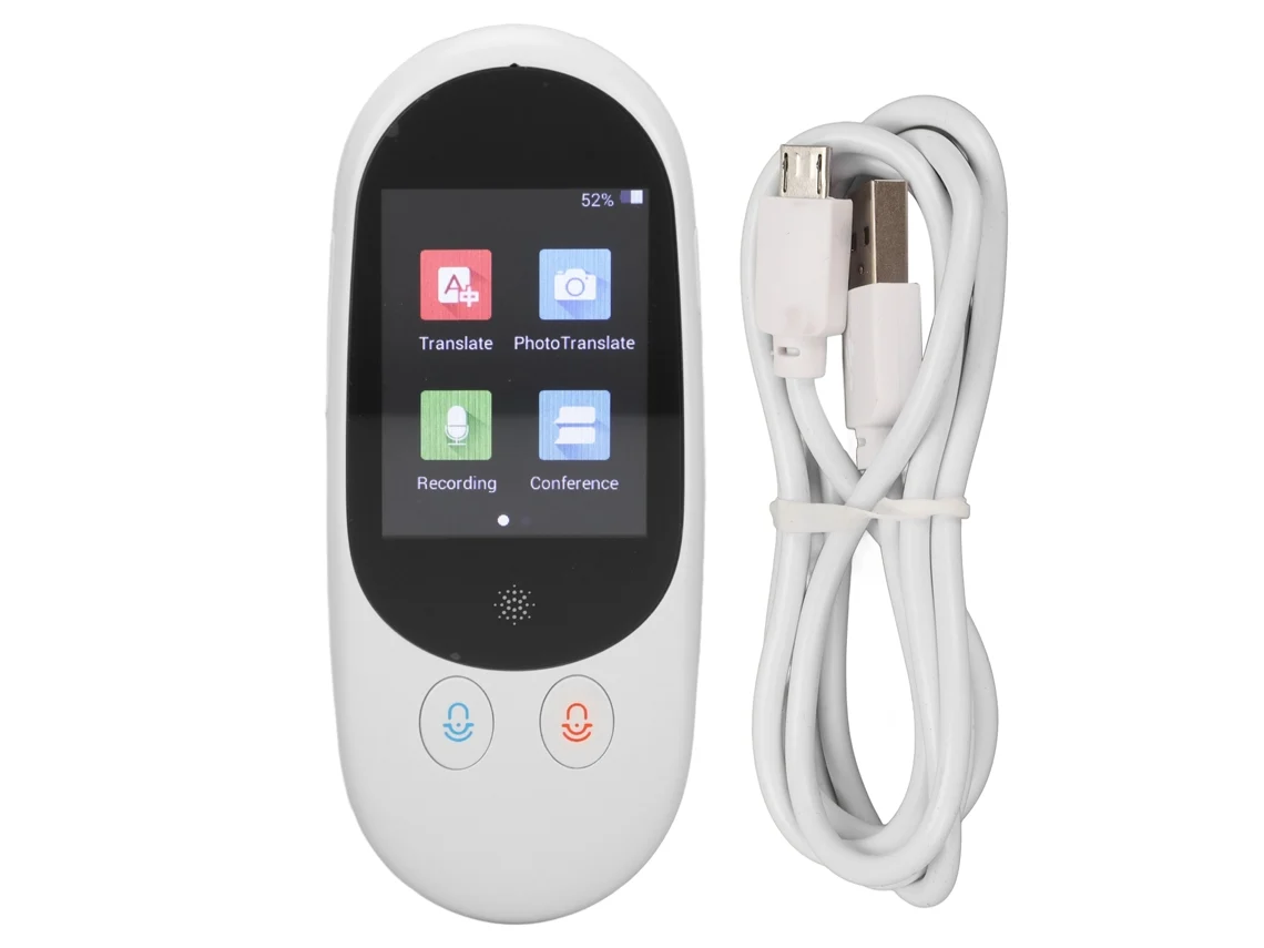 Traductor de idiomas con pantalla táctil de 2,4 pulgadas, blanco, inteligente y portátil, luz dorada.