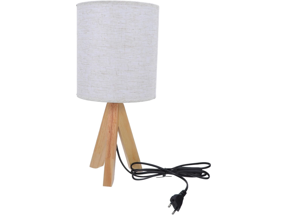 Lámpara de mesilla de noche trípode de estilo vintage, 39 cm de alto, con patas de madera y tela de lino beige. SFUSHOS
