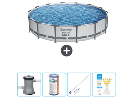 Piscina BESTWAY Round Steel Pro MAX - 427 x 84 cm - Gris - Bomba incluida Filtrar - kit de limpieza - Tiras de prueba