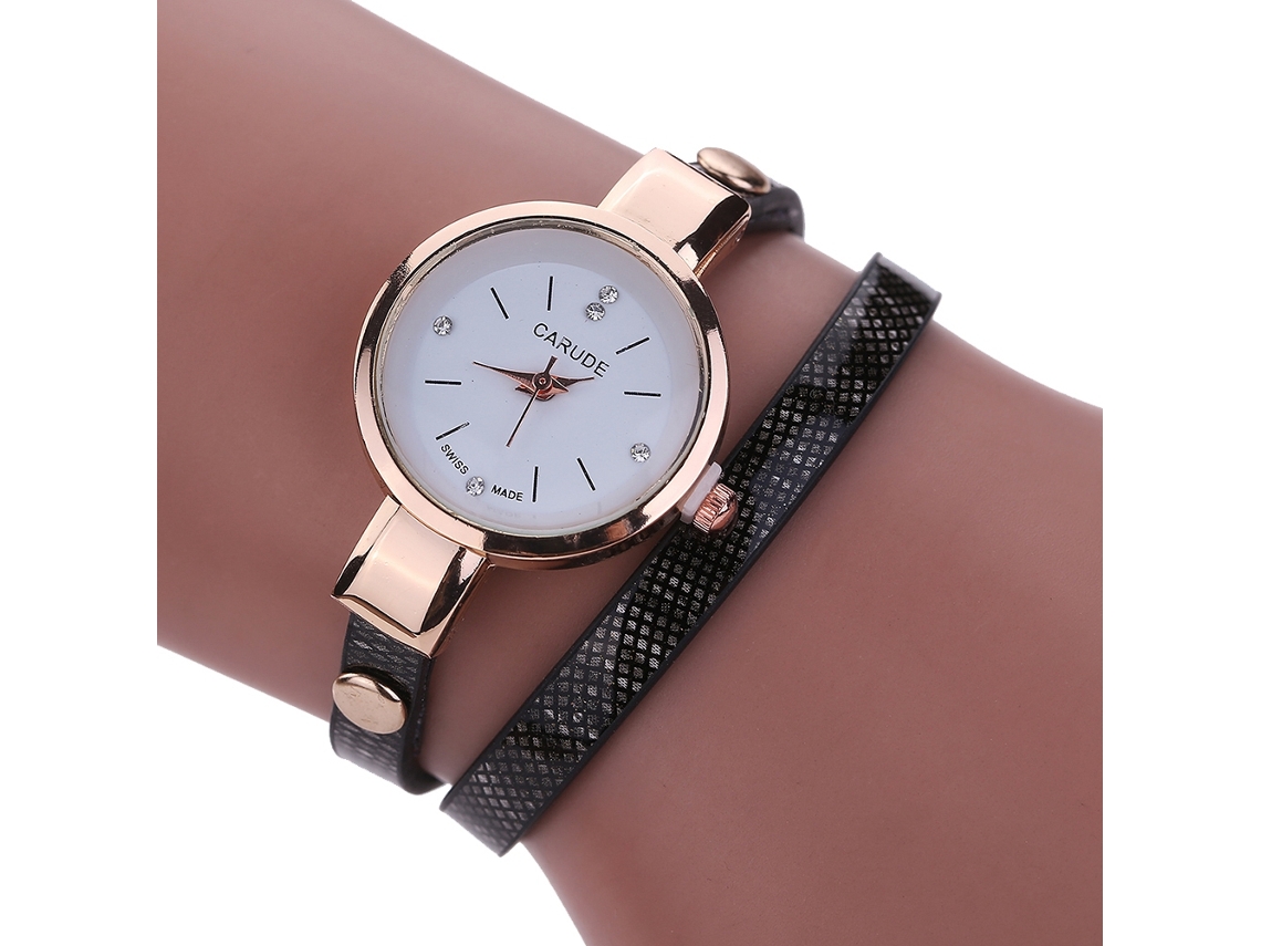 Reloj De Pulsera De Cuarzo Para Mujer Con Correa De Piel Sintética Y Diamantes De Imitación Negros.