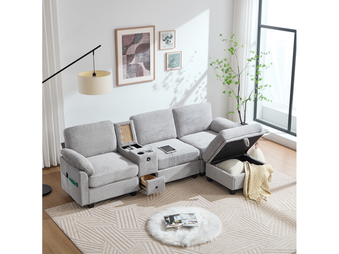 Sofá Cord 3 Plazas - Confort De Espuma, Consola Central Extraíble, Usb-c, Almacenamiento - Gris Claro