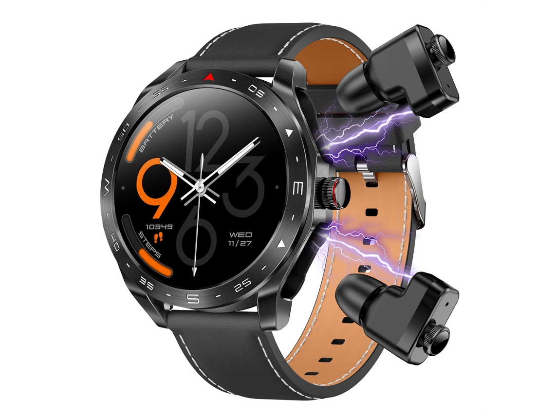Reloj inteligente T95 2 en 1 TWS con Bluetooth, llamadas, música, frecuencia cardíaca y podómetro, de cuero negro (versión en inglés)