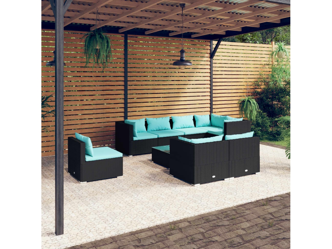 Conjunto de jardín de 9 piezas con cojines, mimbre sintético negro, DKD Home Decor