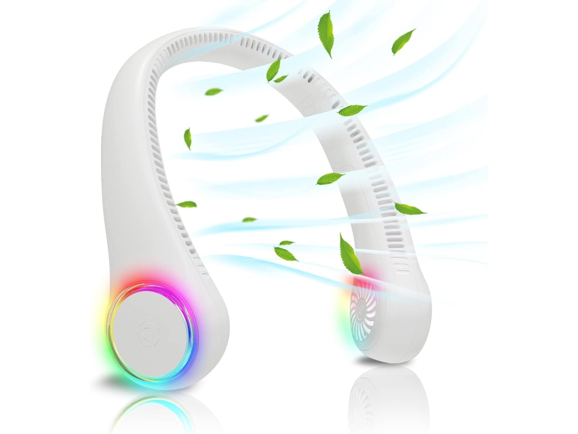 Ventilador de cuello sin aspas, recargable por USB, con batería de 4000 mAh, 3 velocidades ajustables y luz LED.