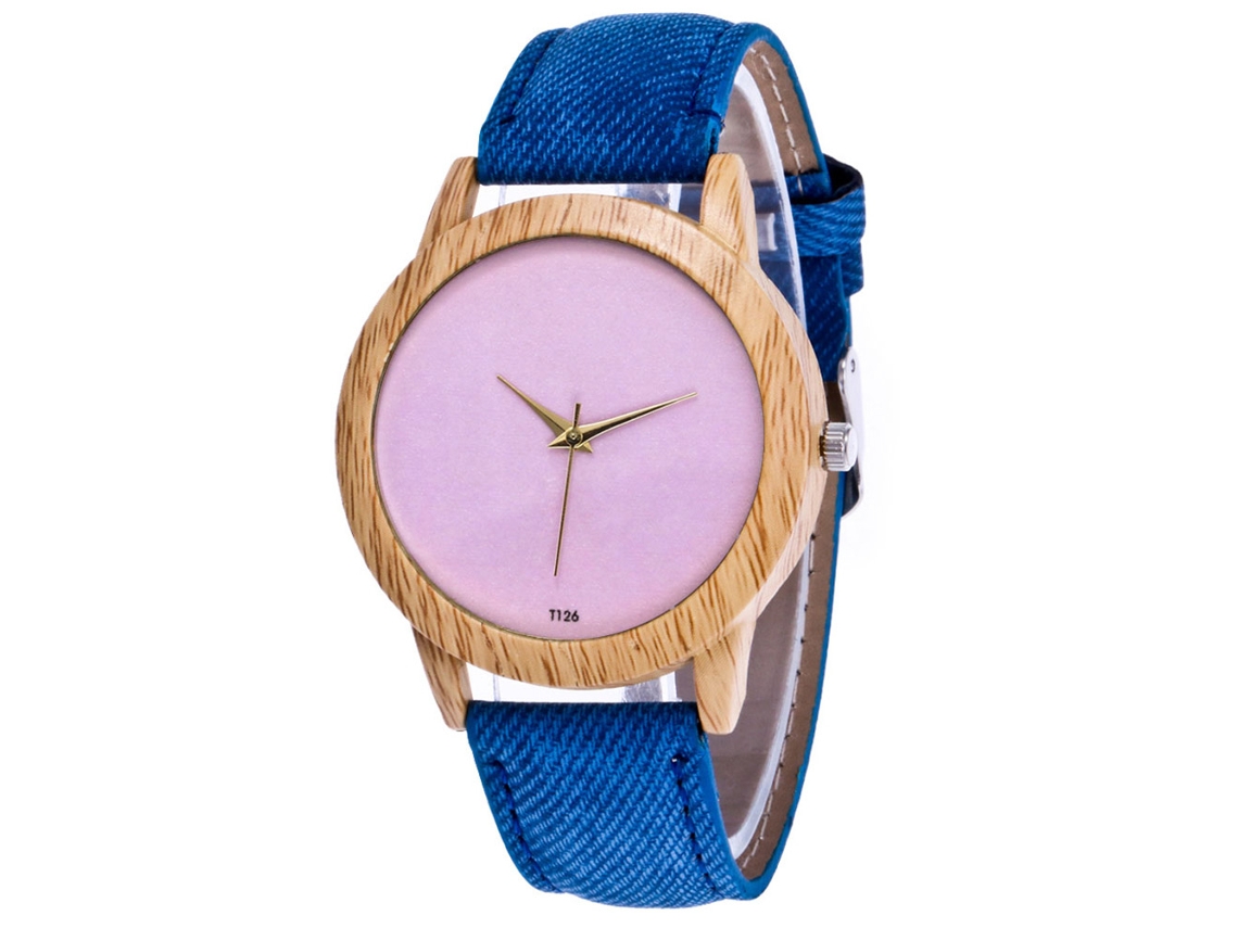 Reloj De Cuarzo Para Parejas Con Esfera Redonda Rosa Y Correa Con Pantalla Azul.