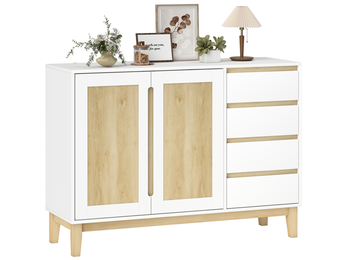 Aparador, Mueble De Almacenamiento Con 2 Puertas Y 4 Cajones, Estante Regulable, 120 X 40 X 86 Cm, Blanco Y Roble.
