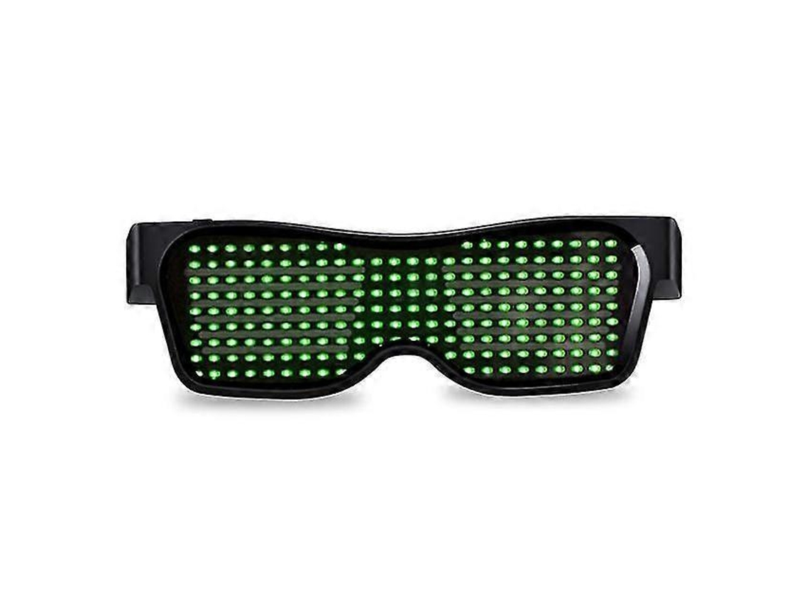 Gafas de fiesta LED con control por aplicación, Bluetooth, idiomas personalizables, carga USB, luces intermitentes, estilo gafas de sol.