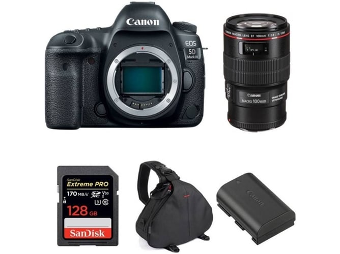 Kit Cámara CANON EOS 5D Mark IV + EF 100mm f/2.8L Macro IS USM + SanDisk 128 GB + Batería + Bolsa (Full-Frame)