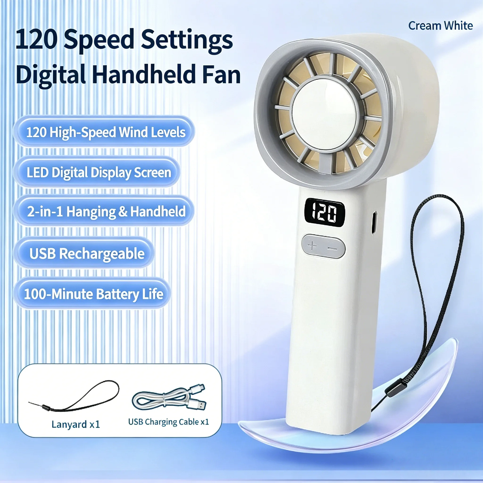 Ventilador De Turbina Portátil Mini Lcd (blanco), Recargable, Con Pantalla Digital.