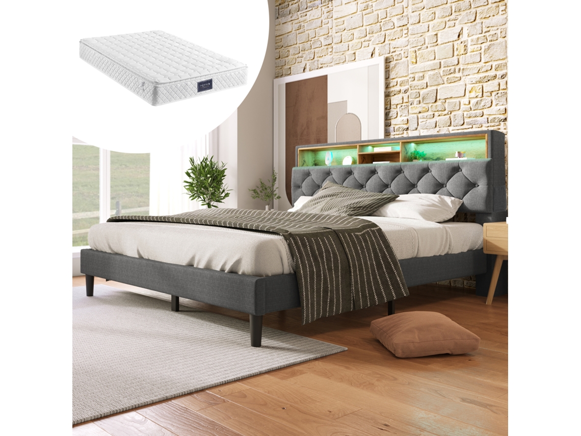 Cama Tapizada 140x200 Cm Con Almacenamiento, Cabecero, Iluminación Led, Somier De Madera, Estructura Resistente, Gris, Con Colchón.