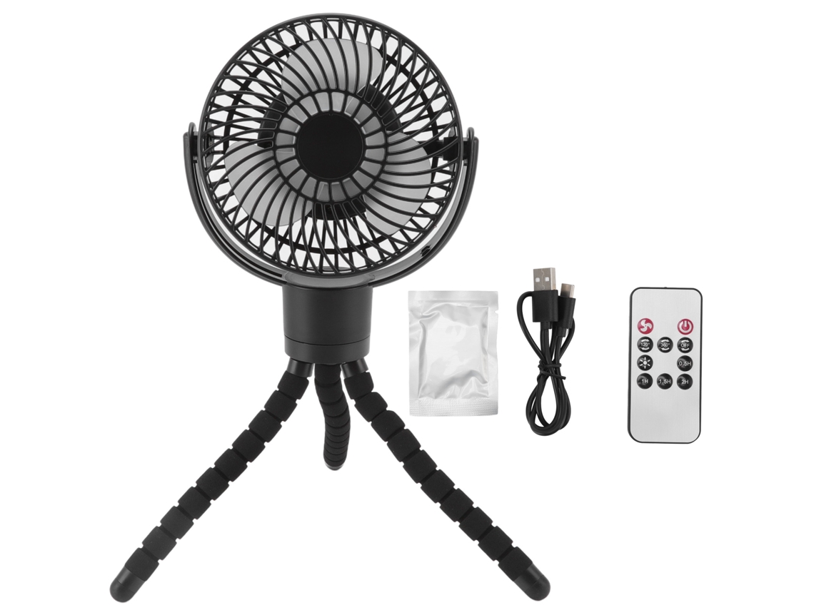 Ventilador portátil con luz LED y mando a distancia recargable.