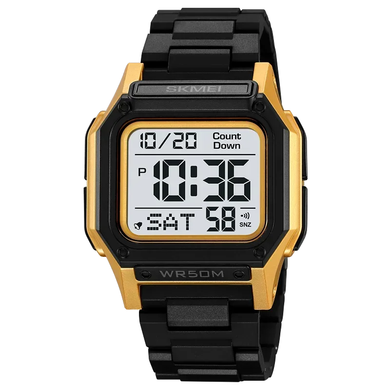 Reloj De Pulsera Deportivo Digital Con Cronómetro Retroiluminado Para Hombre (dorado Y Blanco)