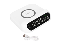 Reloj despertador con carga inalámbrica de 10 W, pantalla LED y visualización de temperatura.