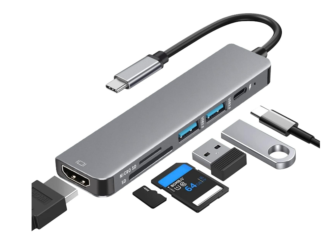 Adaptador multipuerto USB C a HDMI 6 en 1 con HDMI 4K, 1 USB 3.0/1 USB 2.0, carga PD de 60 W, lector de tarjetas Micro SD/SD Bestvite (gris)