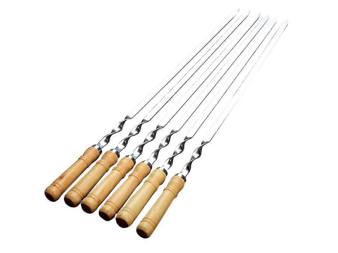6 brochetas para barbacoa con mango largo de 55 cm, de madera y acero inoxidable.