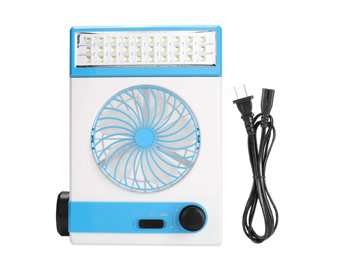 Ventilador solar recargable con luz LED para acampar.