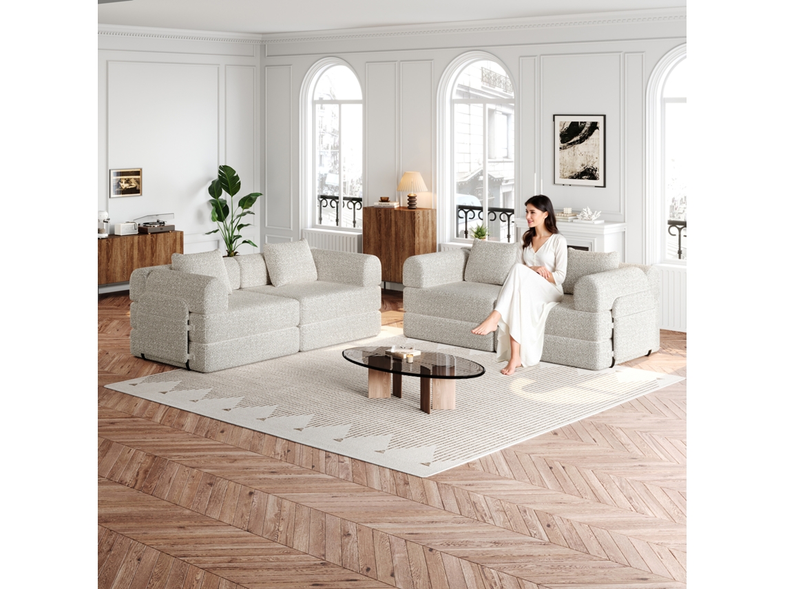 Sofá-cama 2 em 1 em chenille, sem compartimento para os braços e com estrutura metálica reforçada.