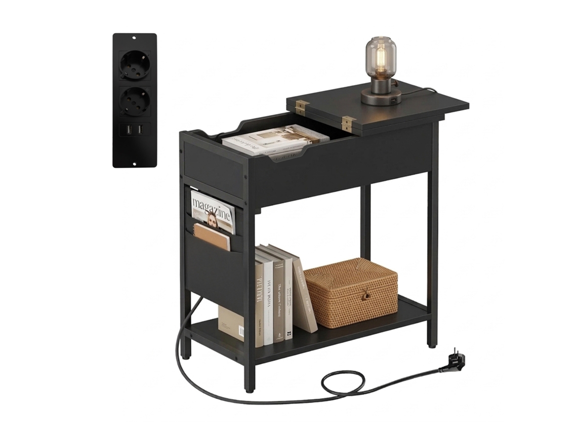 Mesa Auxiliar Relaxdays Con Enchufes, Usb Y Bolsillo Lateral (al X An X F) 60 X 60 X 31,5 Cm Mesita De Noche Negro