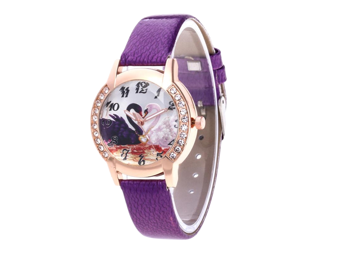 Reloj De Cuarzo Morado Con Correa De Cuero Y Esfera Decorada Con Diamantes De Imitación Para Niñas.