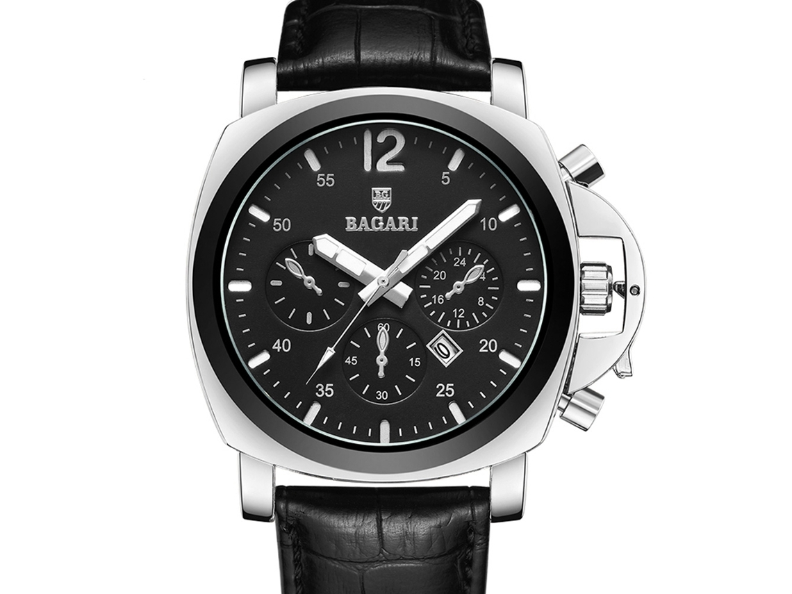 Reloj De Pulsera Redondo Fashion Bagari Correa Pu Dial Simple Cuarzo Plata Negro