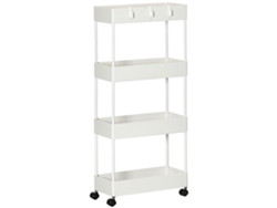 Carrito de cocina con 4 estantes y 4 ganchos, 40x19x90 cm, blanco