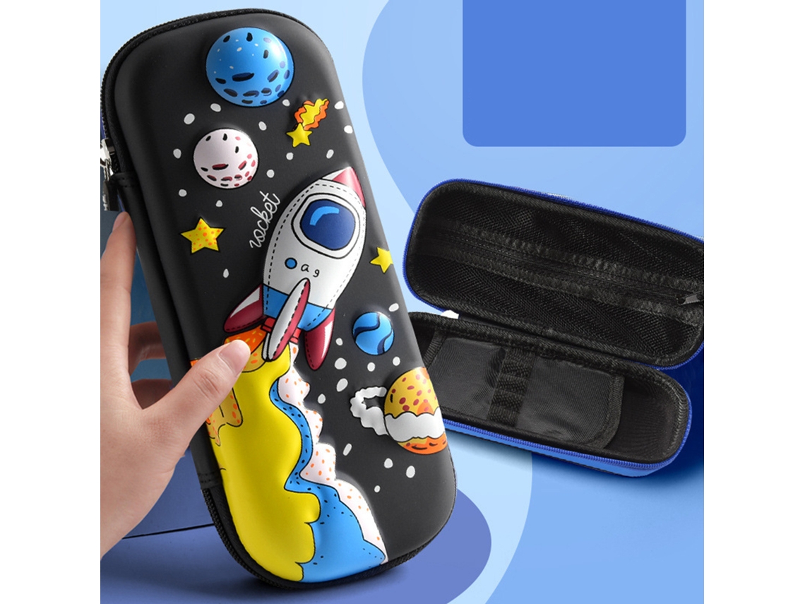 Estuche Para Lápices De Eva, 2 Capas, Diseño De Dibujos Animados, Gran Capacidad, Nave Espacial, Negro.