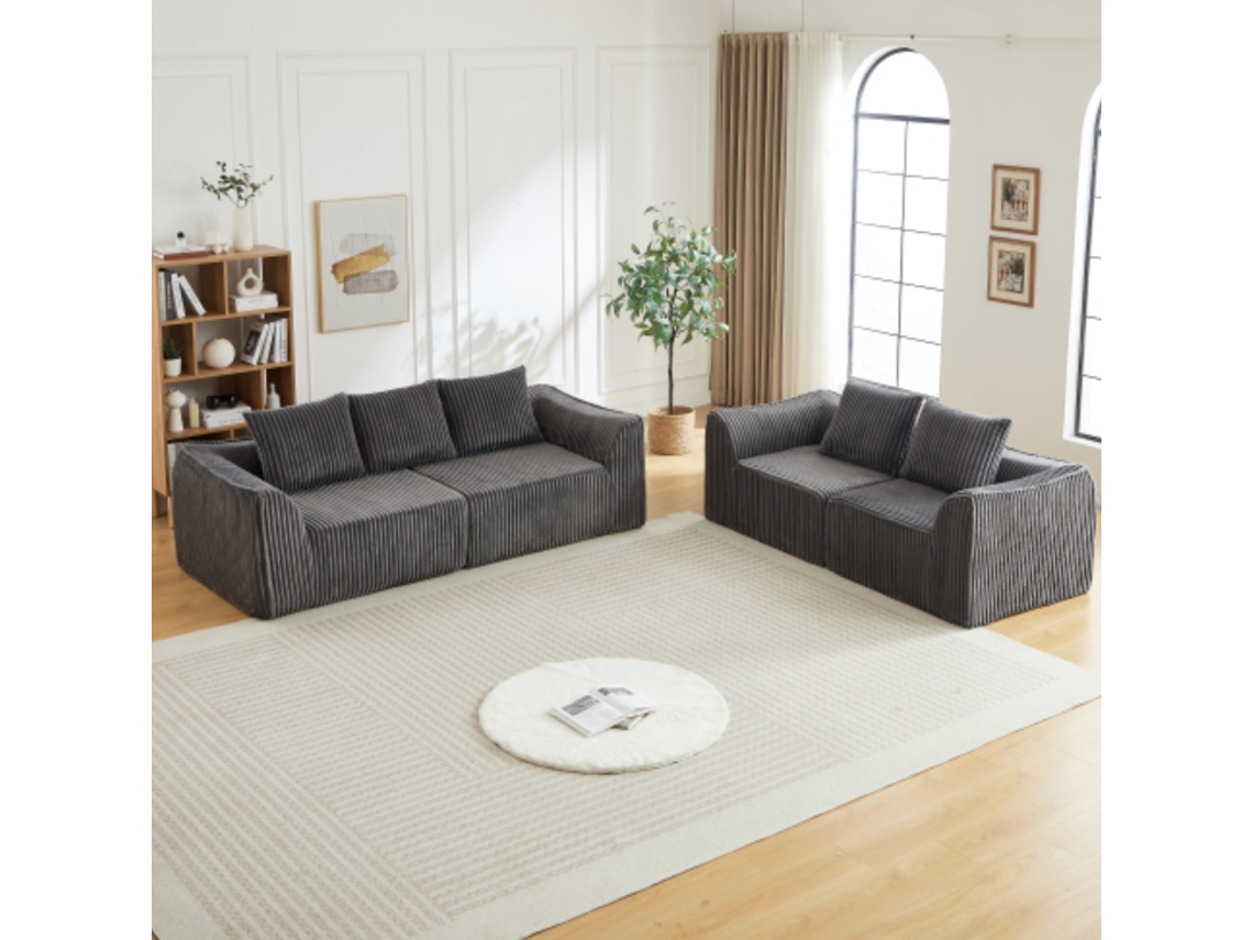 Sofá Minimalista 5 Plazas - Líneas Elegantes, Respaldo Inclinado, 5 Cojines - Gris
