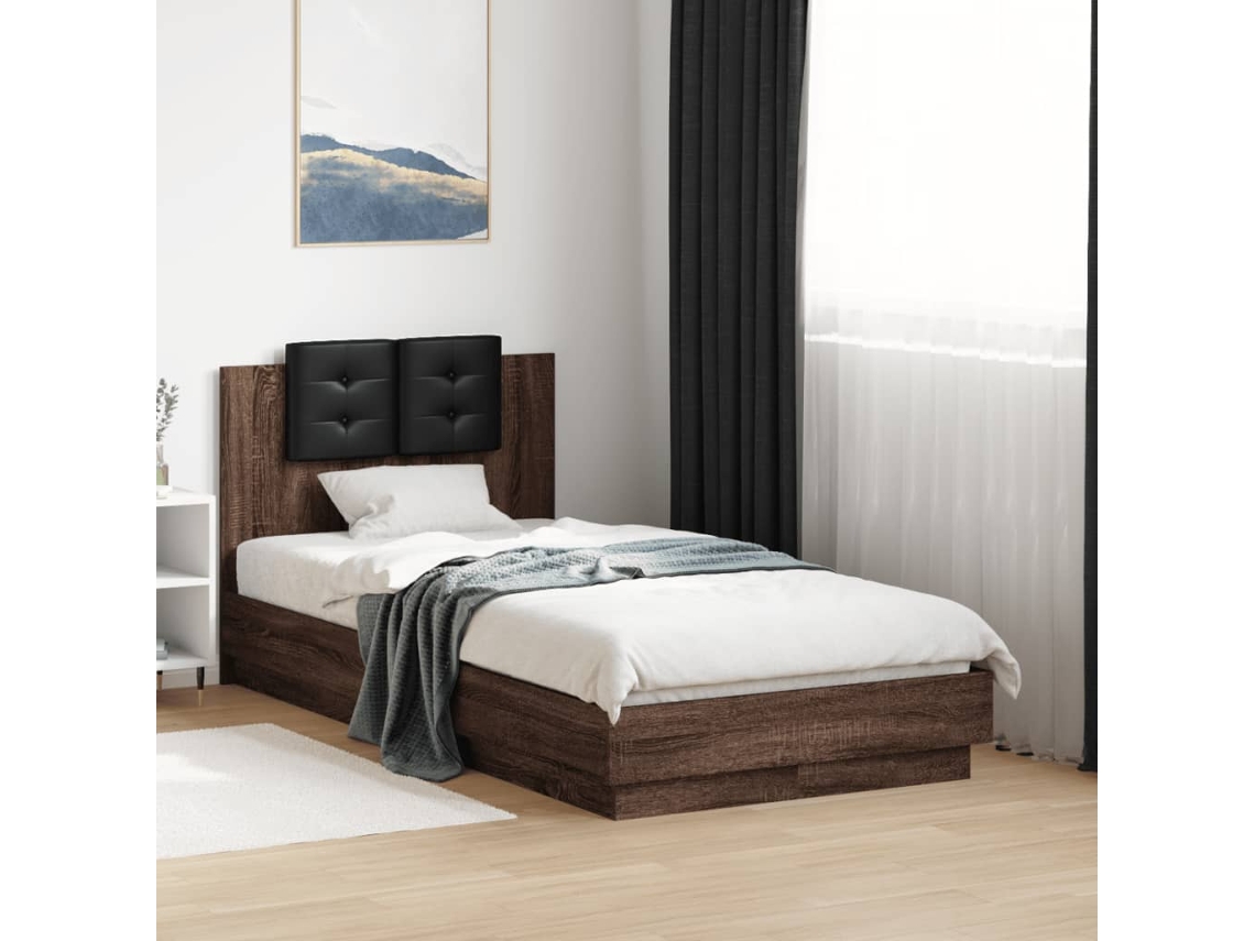 Estructura De Cama Cabecero Luces Led Marrón Roble 90x190 Cm