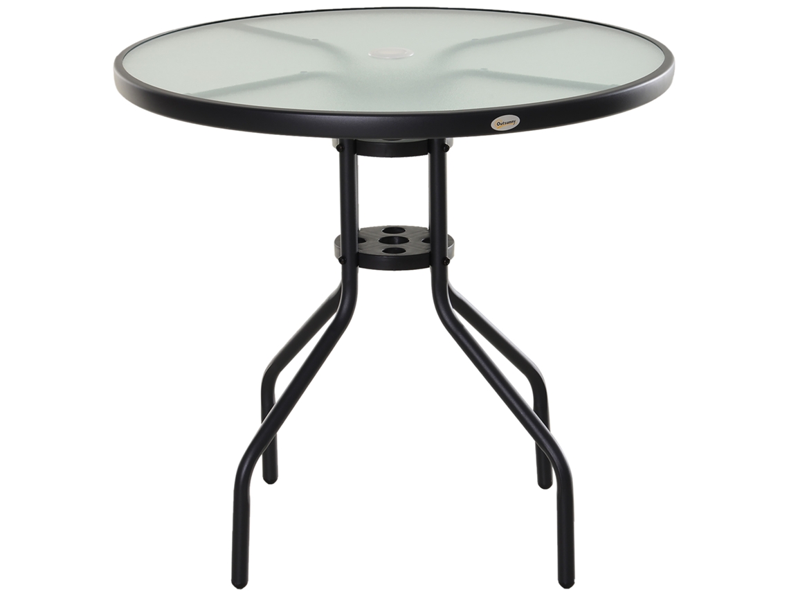 Mesa De Bistró De Jardín Con Agujero, Sombrilla, Cristal, Metal, Negra.