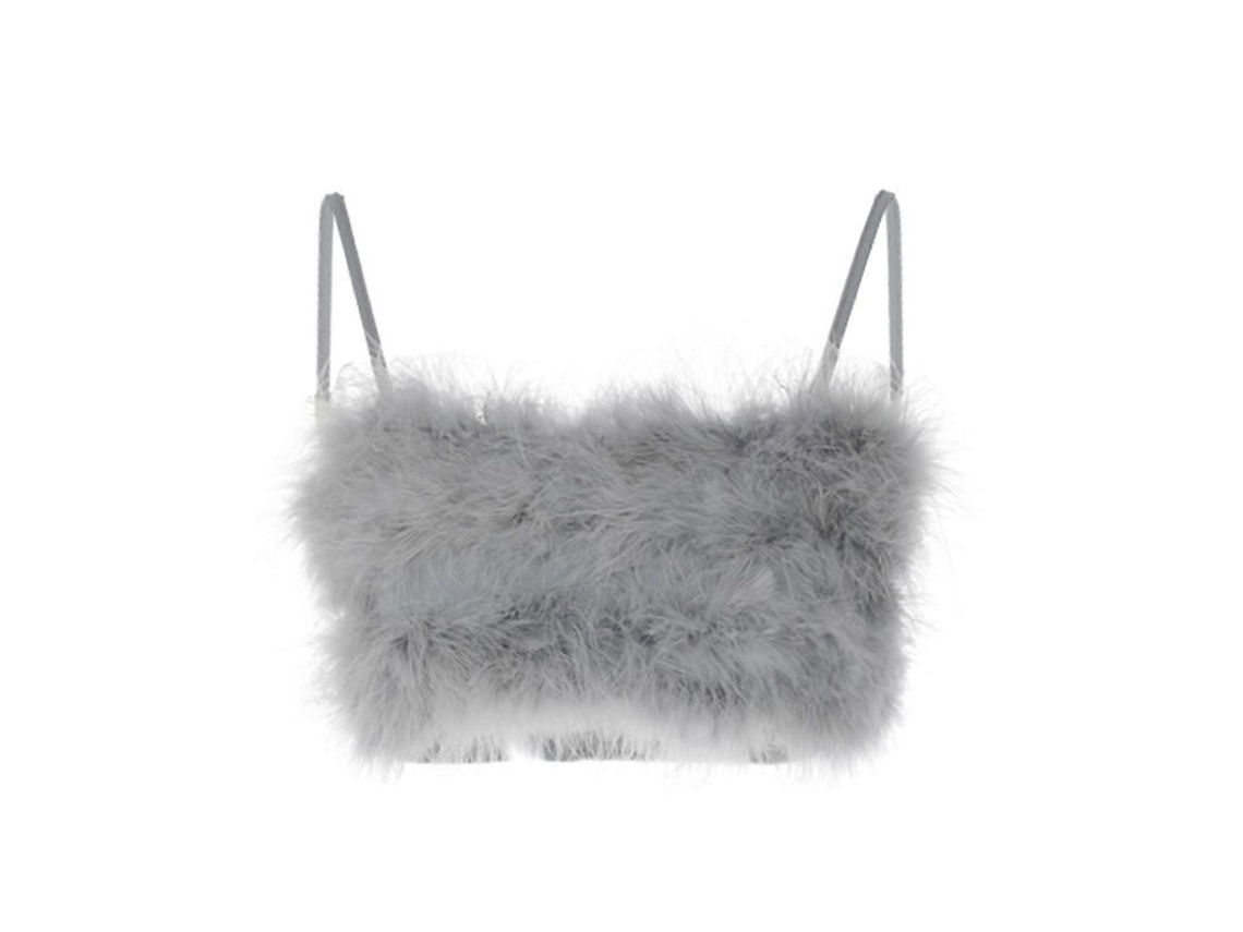Top corto para mujer con tirantes finos y plumas suaves, bralette camisero blanco, talla L, gris S