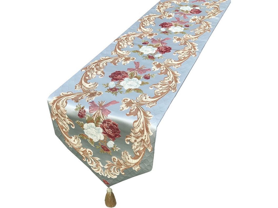 2026-mantel De Mesa Luxury Con Bordado Floral Patrón 13x83 Pulgadas Azul Con Borlas Estilo Europeo