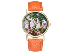 Reloj Analógico De Cuarzo Unisex Con Estampado De Jirafa Y Correa De Piel Sintética Naranja.