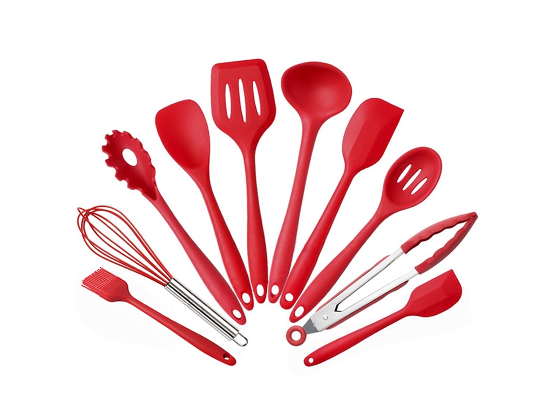 Juego de utensilios de cocina de silicona, 10 piezas, color rojo.