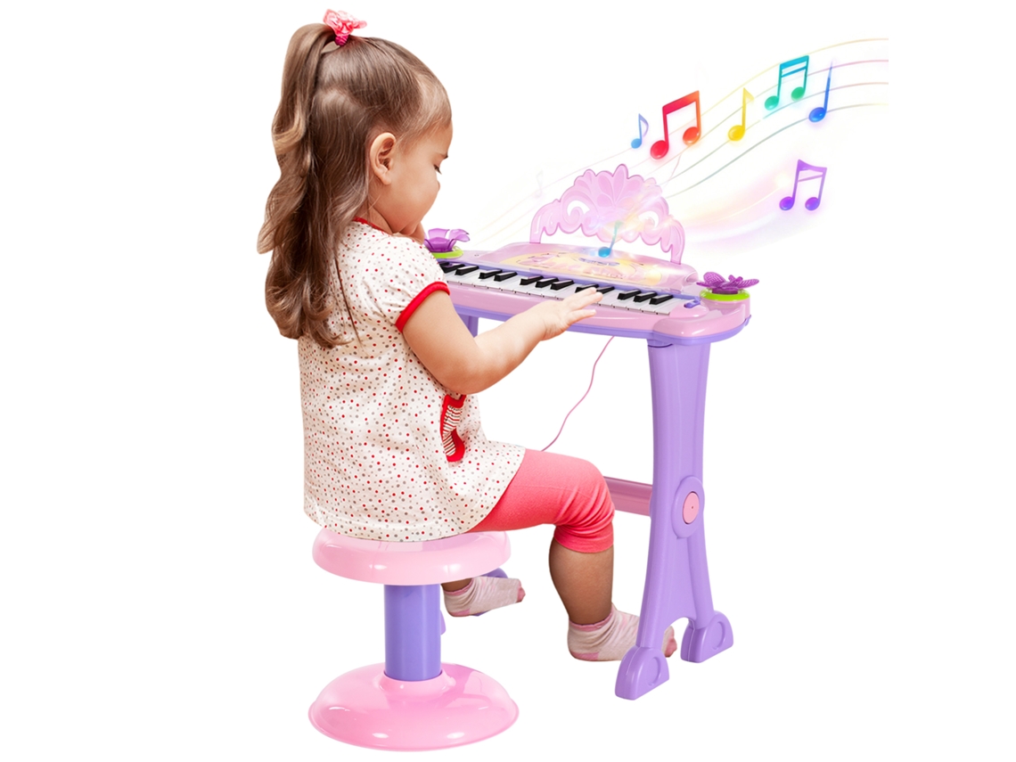 Teclado Eletrônico Infantil 32 Teclas Microfone Banquinho Luzes Karaokê Mp3 Rosa