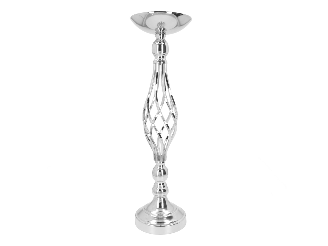 Portavelas de hierro plateado para uso decorativo sobre mesa.