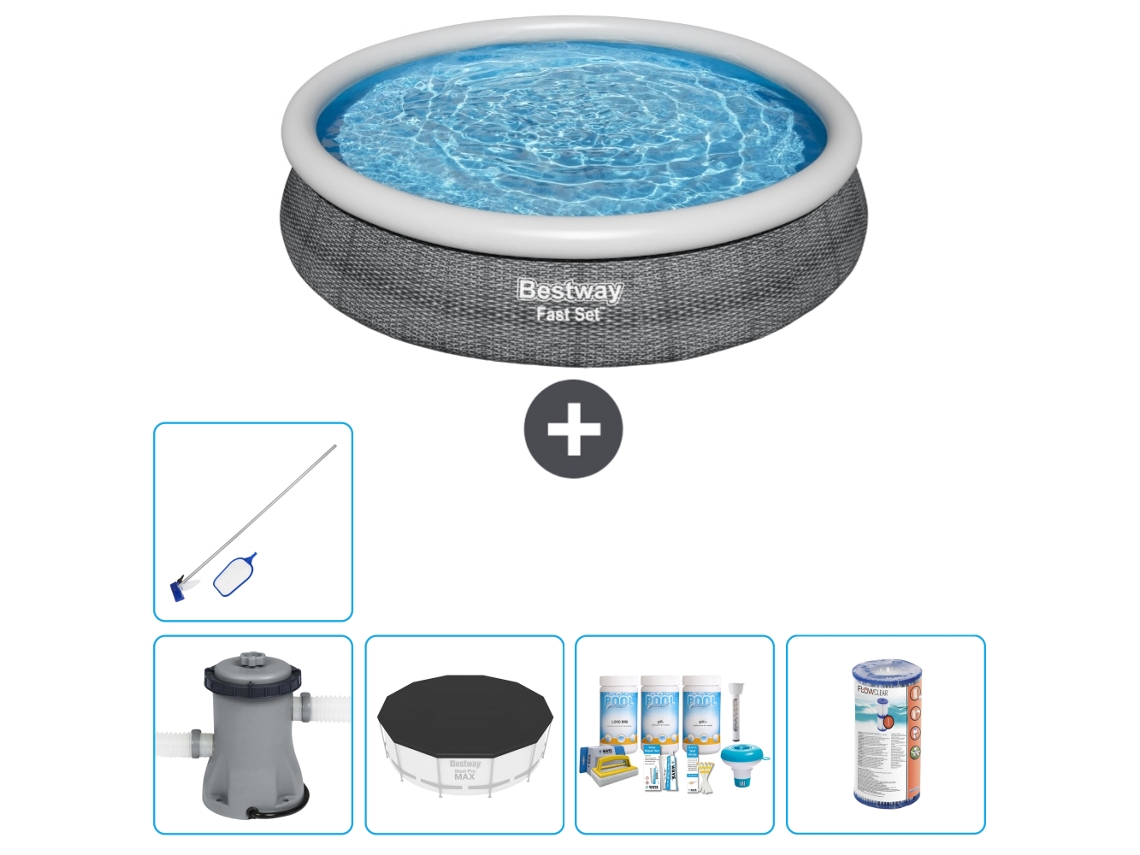 Piscina hinchable redonda Fast Set BESTWAY - Estampado ratán - 366 x 76 cm - Bomba incluida Accesorios CB15
