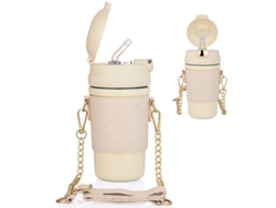 Botella térmica Rebe-Inox Linjou con pajita, tapa y correa ajustable, 480 ml, blanca.
